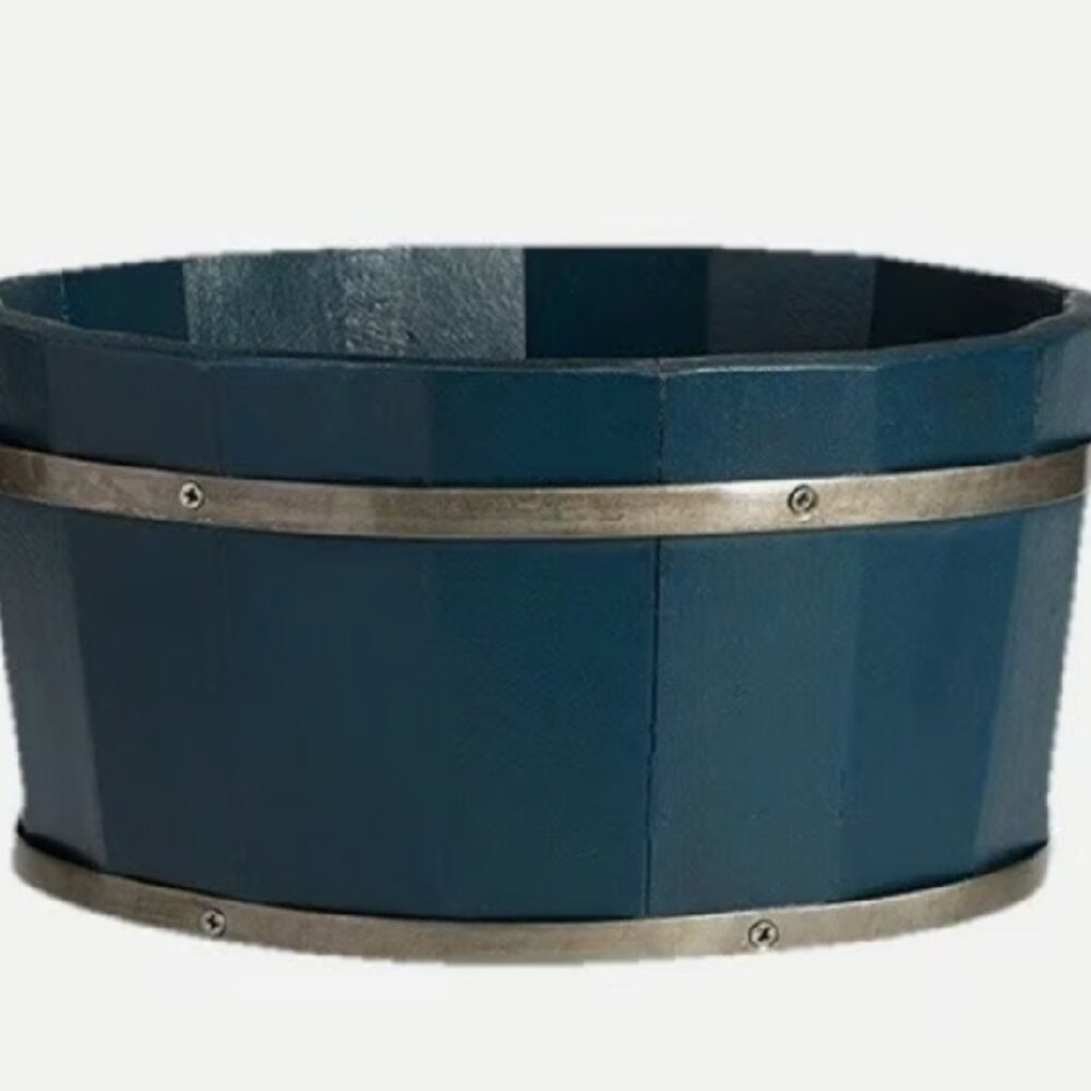 NEW Pottery Barn Wood Bucket Catchall Bowl BLUE | 11" x 5.5” Barrel Style Decor